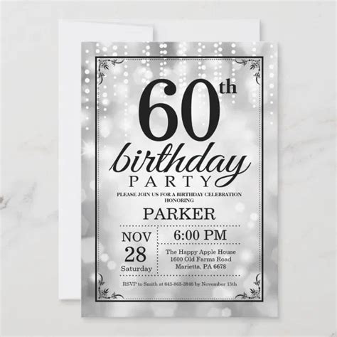 60th Birthday Invitation Silver Glitter Zazzle