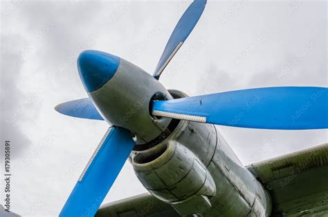 Close Up Of Airplane Turboprop Engine With Propeller Parts Of Aircraft