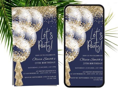 Digital Navy Gold Birthday Party Invitation Gold Glitter Etsy