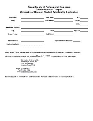 Fillable Online Petro Egr Uh TSPE Scholarship Application Form Fax