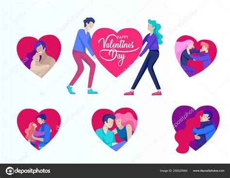 Happy Valentines Day Cards Template With Couple And People In Love Isolated In Heart On A