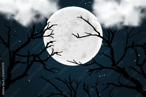 Full Moon In Night Sky With Tree Branch Happy Halloween Style Template Background Wallpaper