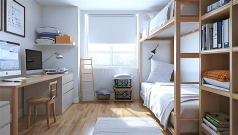 simple student style dorm bedroom hostel dormitory room stock photo