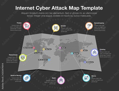 Infographic for internet cyber attack world map with 8 symbols for ...