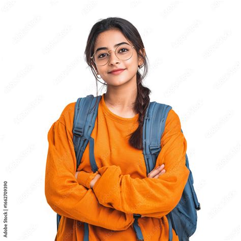 young indian girl  glasses  backpack smiling confidently
