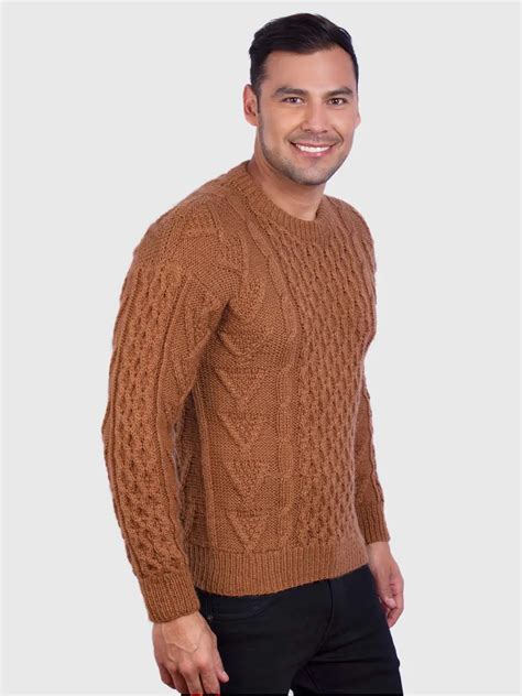 Hand Knit Warm Ochre Aran Alpaca Sweater For Men Wisa Inti Alpaca