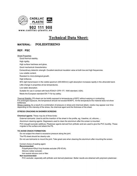 Technical Data Sheet Cadillac Plastic