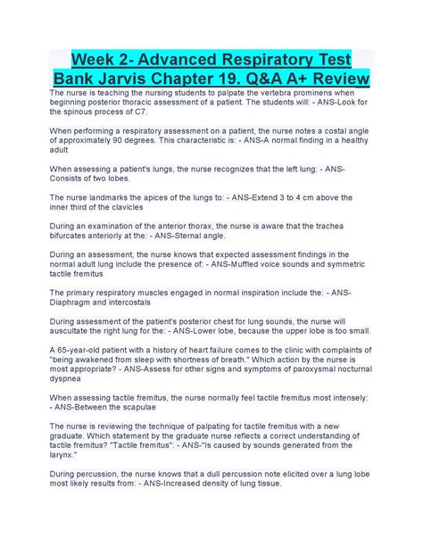 Week 2- Advanced Respiratory Test Bank Jarvis Chapter 19. Q&A A+ Review
