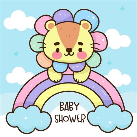 Kleine Leeuw Cartoon Op Regenboog Wolk Kawaii Baby Shower Jongen