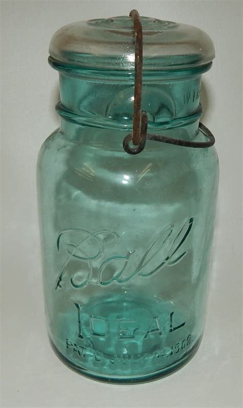 Blue Ball Ideal Quart Canning Jar Patent July 4 1908 Wire Bail Clear Glass Lid Ebay