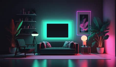 Premium Ai Image Luxury Modern Neon Decor Living Room Interior Design