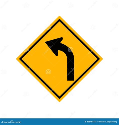 Road Sign Warning Of Dangerous Left Curve Isolated On White Background