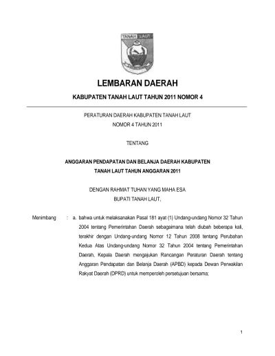 LEMBARAN DAERAH KABUPATEN TANAH LAUT TAHUN 2011 NOMOR 4 PERATURAN