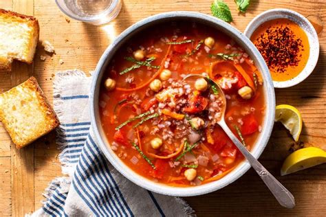 Turkish Vegetable Soup With Chickpeas Red Rice And Toasted Ciabatta