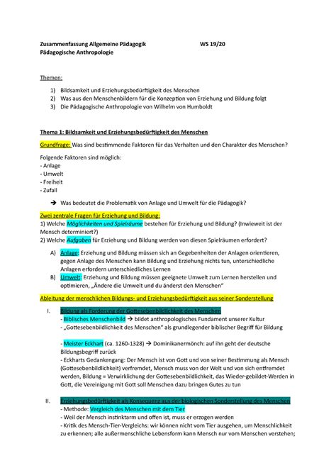 Zusammenfassung P Dagogische Anthropologie Zusammenfassung Allgemeine