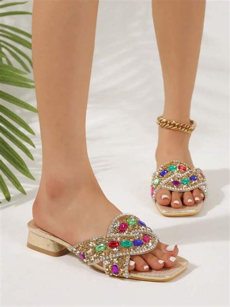 Women Rhinestone Decor Slide Sandals Glamorous Summer Flat Sandals Shein Usa