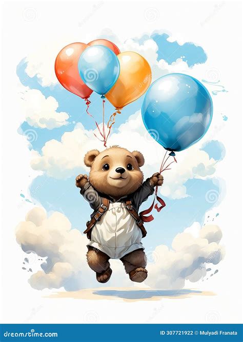 Baby Bear Happily Flying With A Balloon In Hand Stock Illustration