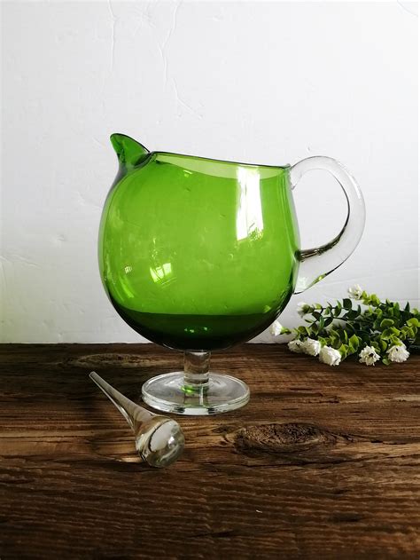 Hand Blown Green Glass Pedestal Pitcher With Glass Droplet Etsy