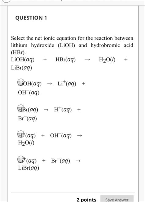 Solved QUESTION 1 Select the net ionic equation for the | Chegg.com