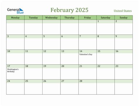 Fillable Holiday Calendar for United States - February 2025