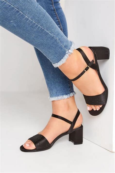 Limited Collection Black Satin Embellished Block Heel Sandals In Wide E Fit Yours Clothing