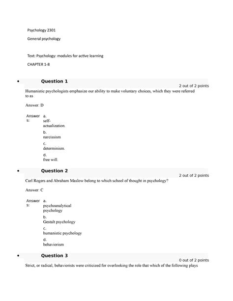 psychology quiz (modules for active learning) - Psychology 2301 General