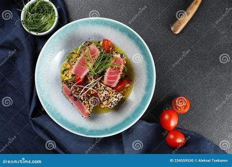 Grilled Tuna Steak Salad Japanese Traditional Salad With Pieces Of