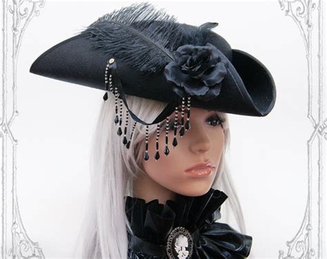 Goth Pirate Tricorn Steampunk Black Hat Etsy