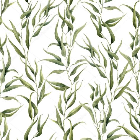 Watercolor Green Floral Seamless Pattern With Eucalyptus Leaves Hand