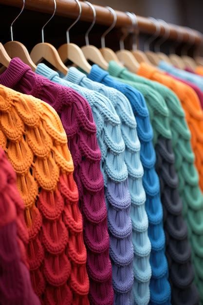 Premium Photo A Row Of Colorful Sweaters Hanging On A Rack