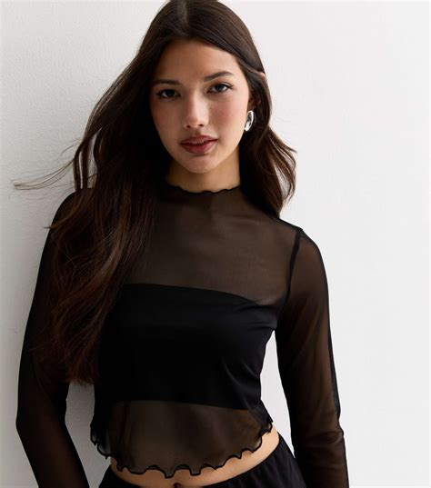 Black Sheer Mesh High Neck Crop Top New Look