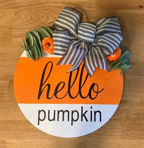 Hello Pumpkin Round Wood Sign Fall Door Hanger Etsy In 2020 Round