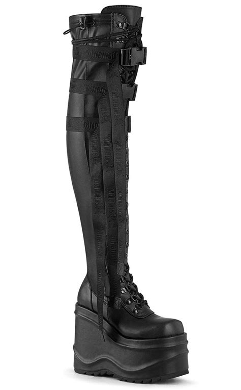 Demonia Wave 315 Black Patent Thigh High Boots Goth Shoes Australia