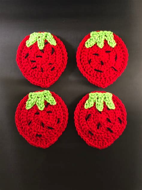 Crochet Summer Fruit Strawberry Coasters Set Of Coasters Etsy