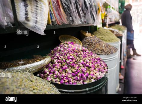 Horizontal Close Up Of A Shop Full Of Herbs And Spices In The Souks Of