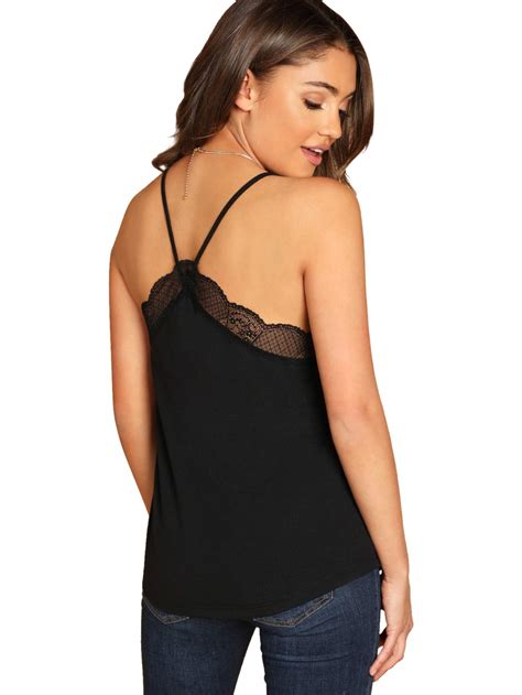 Shein Womens V Neck Sleeveless Lace Trim Spaghetti Strap Camisole Cami