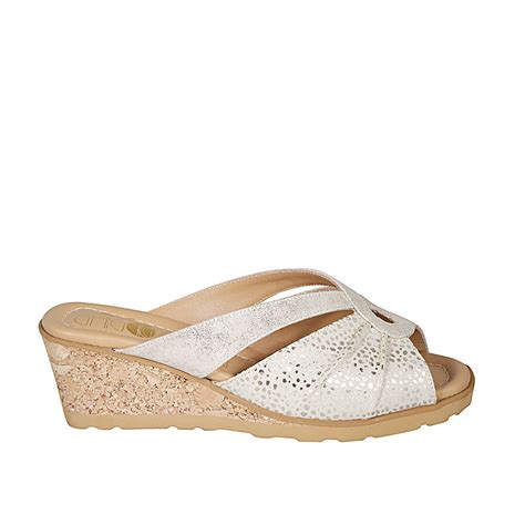 Mule Pour Femmes En Cuir Imprim Lame Platine Et Daim Beige Avec Pois