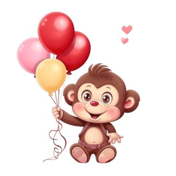 Cute Monkey Cartoon Character Fly With Air Balloon In Valentines Day