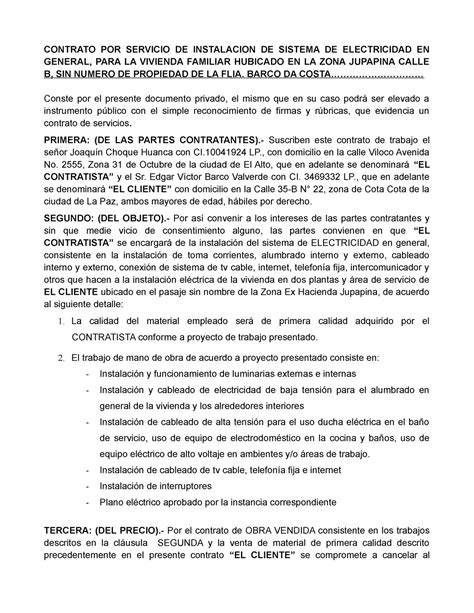 Contrato Electricidad Contrato Por Servicio De Instalacion De Sistema