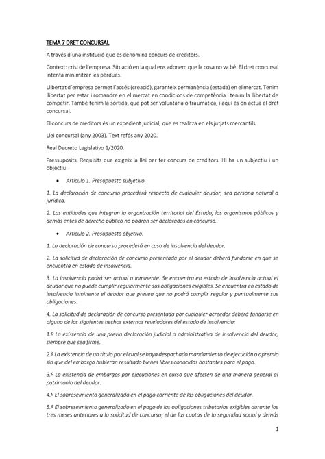 Tema Dret Concursal Resumen Del Tema De Derecho Mercantil Tema