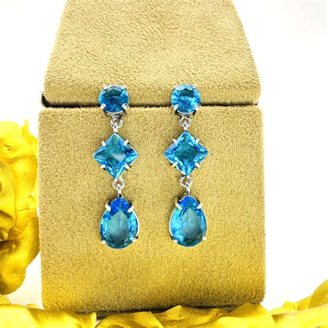 Swiss Blue Topaz Earrings 925 Sterling Silver Stud Earrings Long