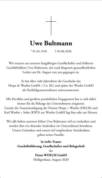 Alle Traueranzeigen F R Uwe Bultmann Trauer Rp Online De