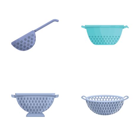 Cook Colander Icons Set Cartoon Colander Of Various Shape And Color