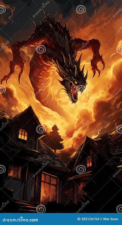 Dragon Flying In A Dark Sky Spewing Hot Flames At Residential Areas