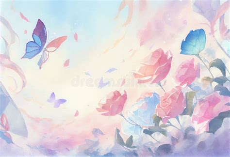 Painted Spring Background In Pastel Blue Pink Flowers With Butterflies