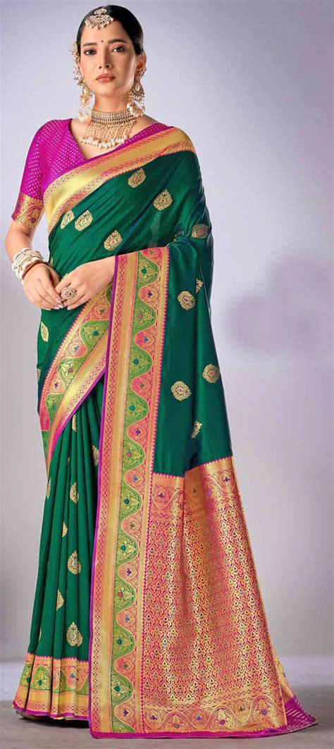 Engagement Traditional Wedding Green Color Silk Fabric Saree