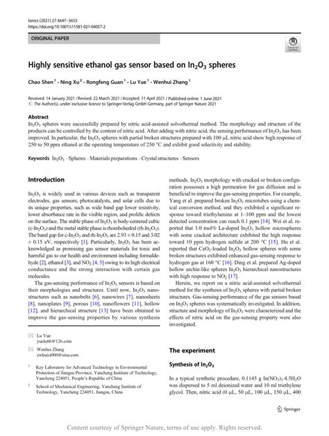 Highly Sensitive Ethanol Gas Sensor Based On In2o3 Spheres Request Pdf