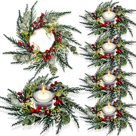 Amazon Christmas Candle Rings Artificial Red Berries Snowy Pine