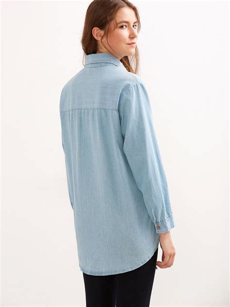 Blue Frayed Curved Hem Denim Shirt Shein Sheinside