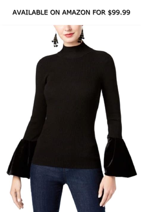 INC International Concepts Velvet Cuff Mock Neck Sweater Deep Black